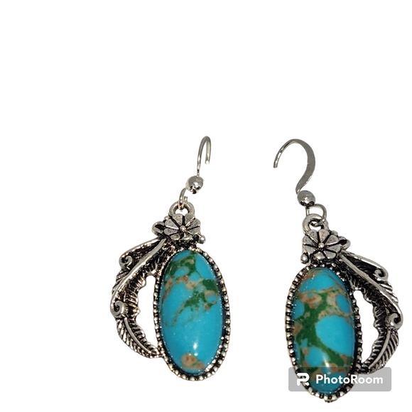 Navajo Silver Turquoise Drop Earrings Turquoise South Western NWT - Picture 3 of 8
